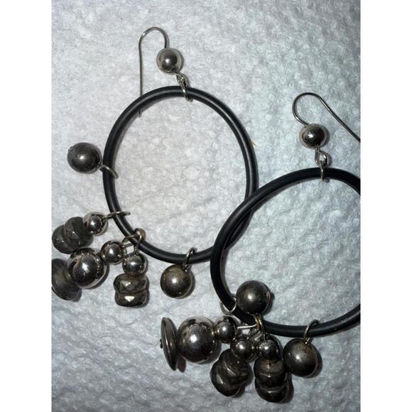 Black Hoop Dangle Earrings Hematite Look Bead Charm Statement Earrings - Picture 5 of 5